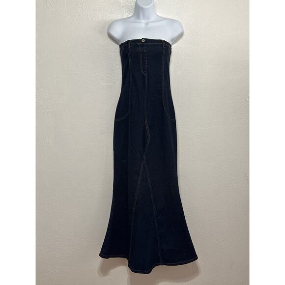 VTG 90s White Moon Strapless Denim Pants Maxi Dress L Western Coquette City Chic - Picture 1 of 16